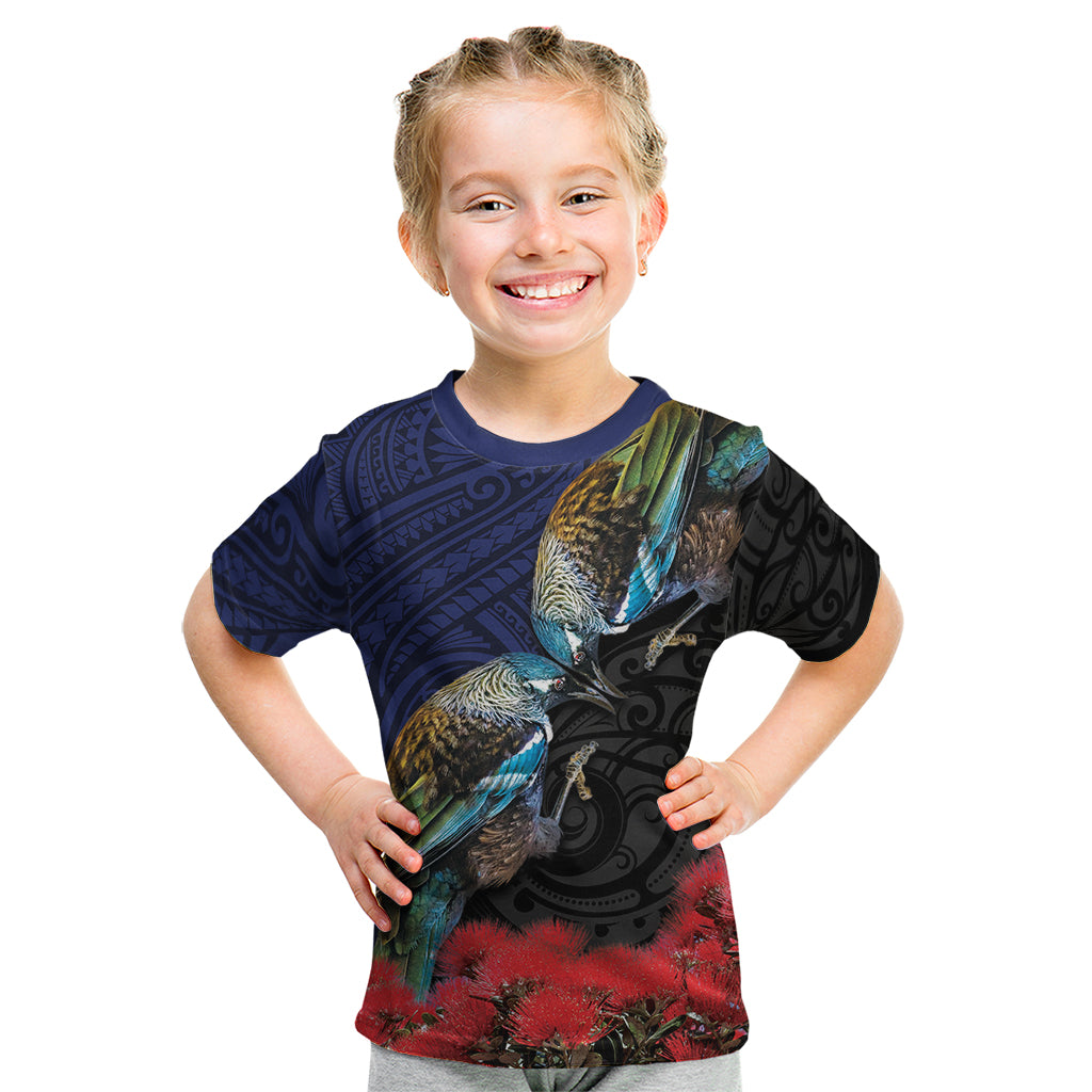 New Zealand Maori Hongi Culture Kid T Shirt Tui Bird Pohutukawa and Polynesian Pattern LT03 Blue - Polynesian Pride