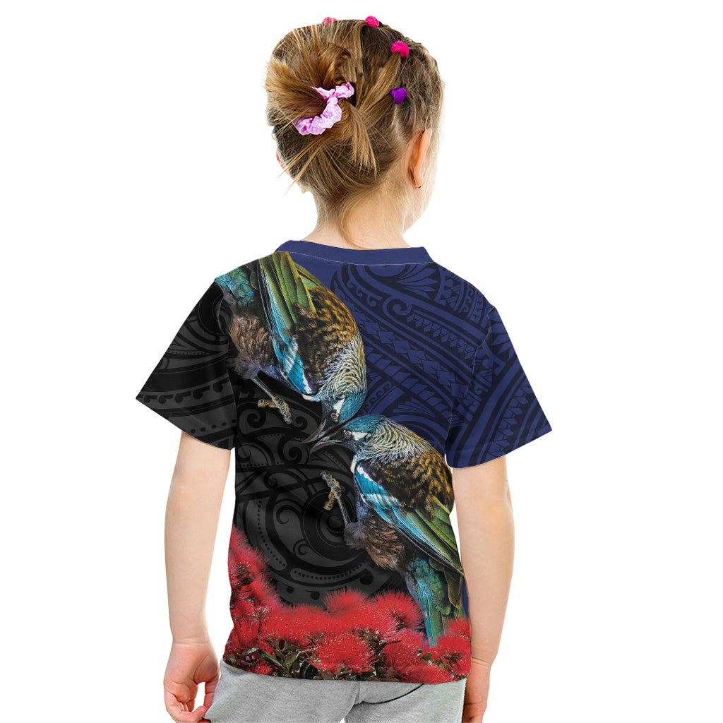 New Zealand Maori Hongi Culture Kid T Shirt Tui Bird Pohutukawa and Polynesian Pattern LT03 - Polynesian Pride