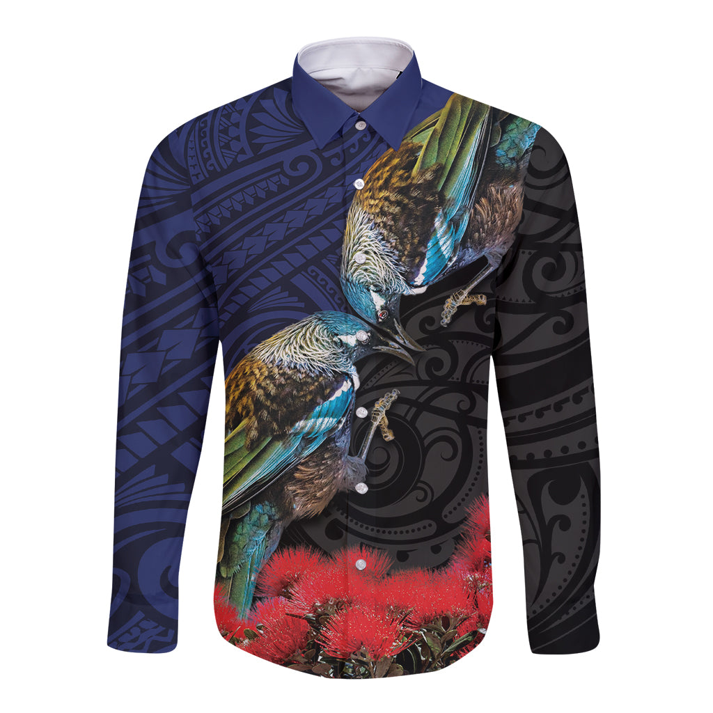 New Zealand Maori Hongi Culture Long Sleeve Button Shirt Tui Bird Pohutukawa and Polynesian Pattern LT03 Unisex Blue - Polynesian Pride