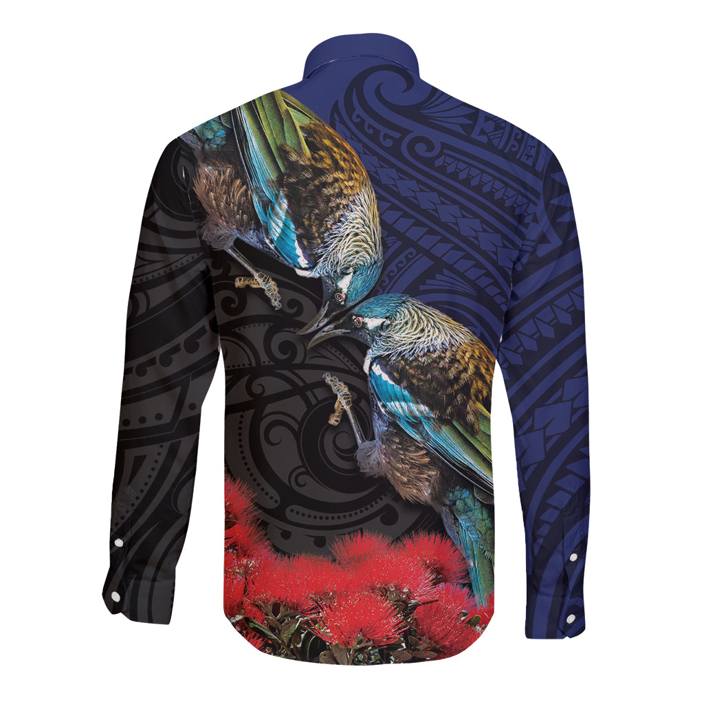 New Zealand Maori Hongi Culture Long Sleeve Button Shirt Tui Bird Pohutukawa and Polynesian Pattern LT03 - Polynesian Pride