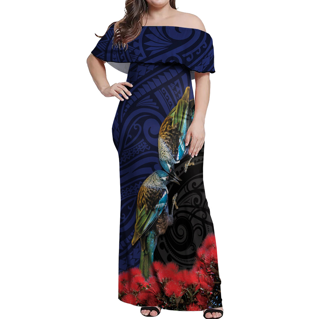 New Zealand Maori Hongi Culture Off Shoulder Maxi Dress Tui Bird Pohutukawa and Polynesian Pattern LT03 Women Blue - Polynesian Pride