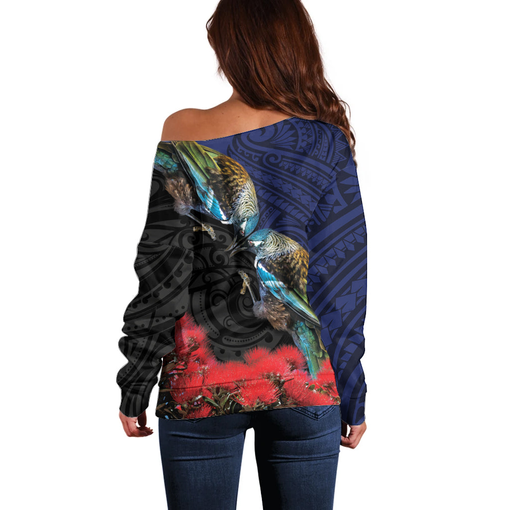 New Zealand Maori Hongi Culture Off Shoulder Sweater Tui Bird Pohutukawa and Polynesian Pattern LT03 - Polynesian Pride