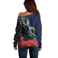 New Zealand Maori Hongi Culture Off Shoulder Sweater Tui Bird Pohutukawa and Polynesian Pattern LT03 - Polynesian Pride
