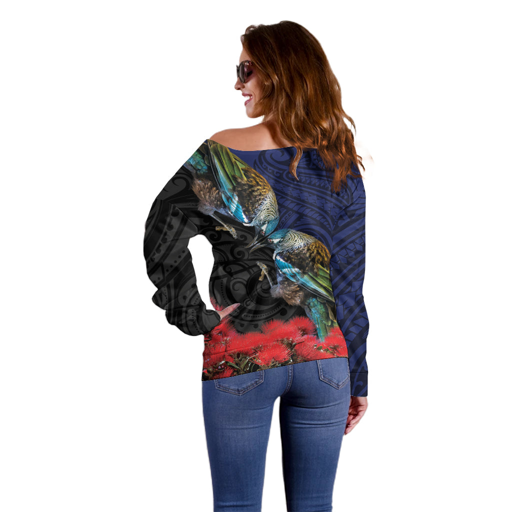 New Zealand Maori Hongi Culture Off Shoulder Sweater Tui Bird Pohutukawa and Polynesian Pattern LT03 - Polynesian Pride
