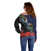 New Zealand Maori Hongi Culture Off Shoulder Sweater Tui Bird Pohutukawa and Polynesian Pattern LT03 - Polynesian Pride