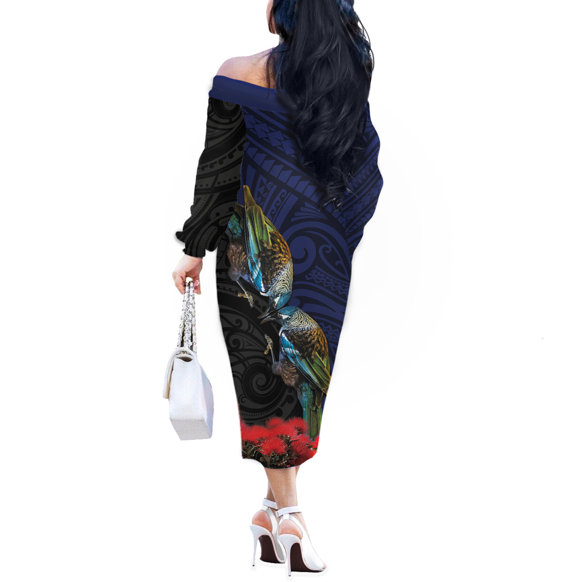 New Zealand Maori Hongi Culture Off The Shoulder Long Sleeve Dress Tui Bird Pohutukawa and Polynesian Pattern LT03 - Polynesian Pride