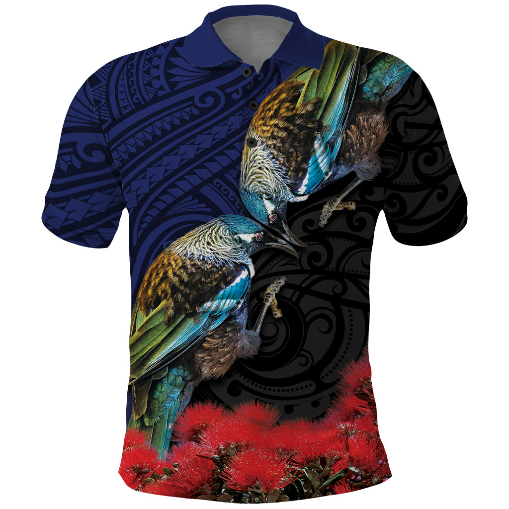 New Zealand Maori Hongi Culture Polo Shirt Tui Bird Pohutukawa and Polynesian Pattern LT03 Blue - Polynesian Pride