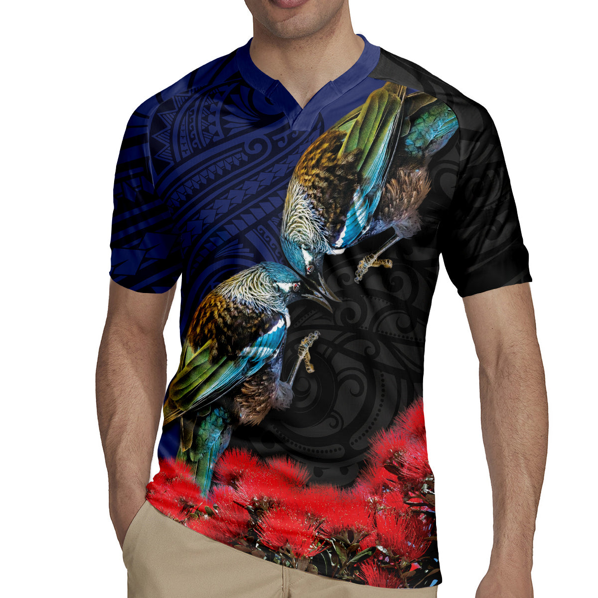 New Zealand Maori Hongi Culture Rugby Jersey Tui Bird Pohutukawa and Polynesian Pattern LT03 - Polynesian Pride