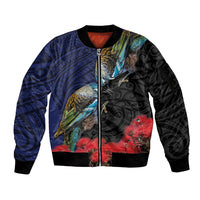 New Zealand Maori Hongi Culture Sleeve Zip Bomber Jacket Tui Bird Pohutukawa and Polynesian Pattern LT03 Unisex Blue - Polynesian Pride