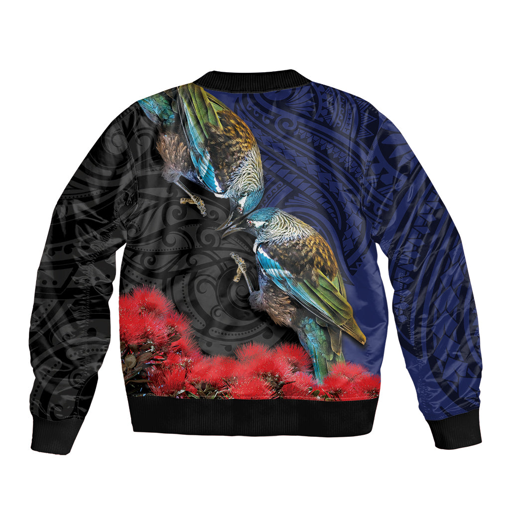 New Zealand Maori Hongi Culture Sleeve Zip Bomber Jacket Tui Bird Pohutukawa and Polynesian Pattern LT03 - Polynesian Pride