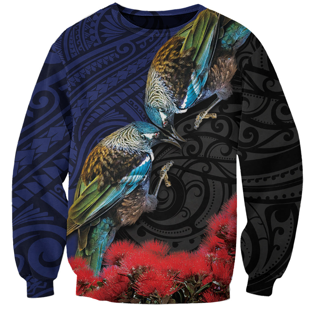 New Zealand Maori Hongi Culture Sweatshirt Tui Bird Pohutukawa and Polynesian Pattern LT03 Unisex Blue - Polynesian Pride