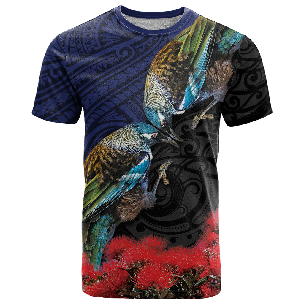 New Zealand Maori Hongi Culture T Shirt Tui Bird Pohutukawa and Polynesian Pattern LT03 Blue - Polynesian Pride