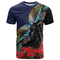 New Zealand Maori Hongi Culture T Shirt Tui Bird Pohutukawa and Polynesian Pattern LT03 Blue - Polynesian Pride