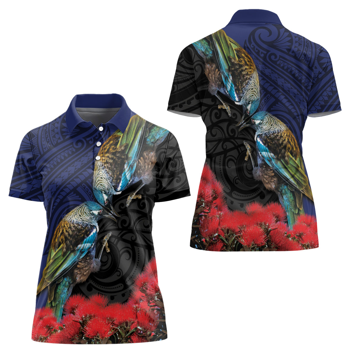 New Zealand Maori Hongi Culture Women Polo Shirt Tui Bird Pohutukawa and Polynesian Pattern LT03 - Polynesian Pride