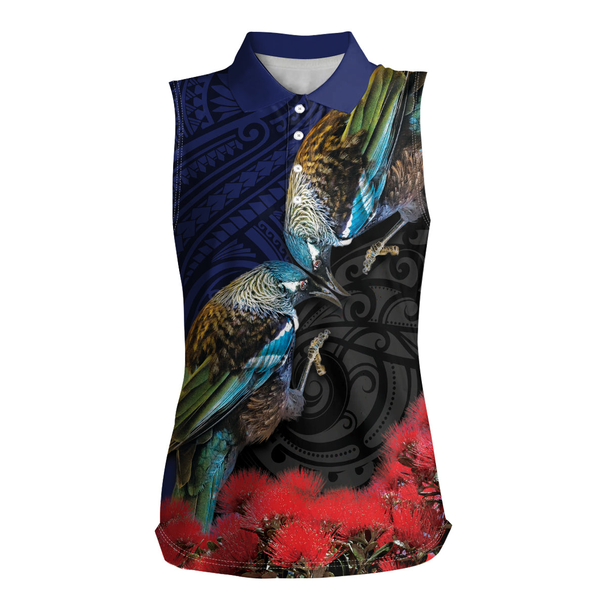 New Zealand Maori Hongi Culture Women Sleeveless Polo Shirt Tui Bird Pohutukawa and Polynesian Pattern LT03 Female Blue - Polynesian Pride