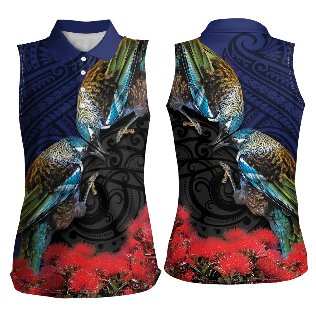 New Zealand Maori Hongi Culture Women Sleeveless Polo Shirt Tui Bird Pohutukawa and Polynesian Pattern LT03 - Polynesian Pride