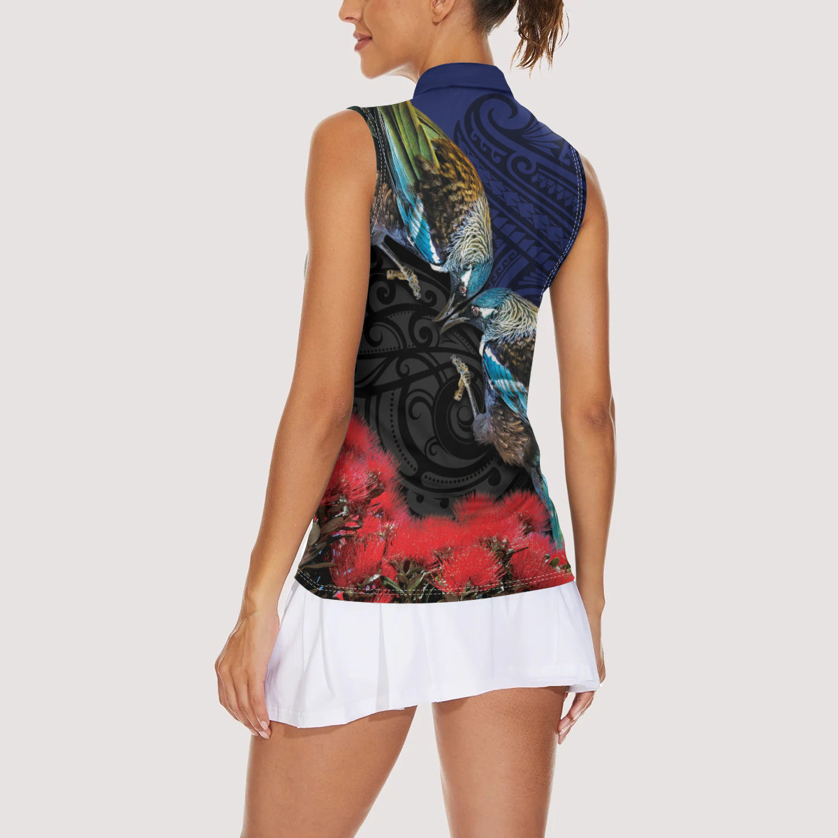 New Zealand Maori Hongi Culture Women Sleeveless Polo Shirt Tui Bird Pohutukawa and Polynesian Pattern LT03 - Polynesian Pride