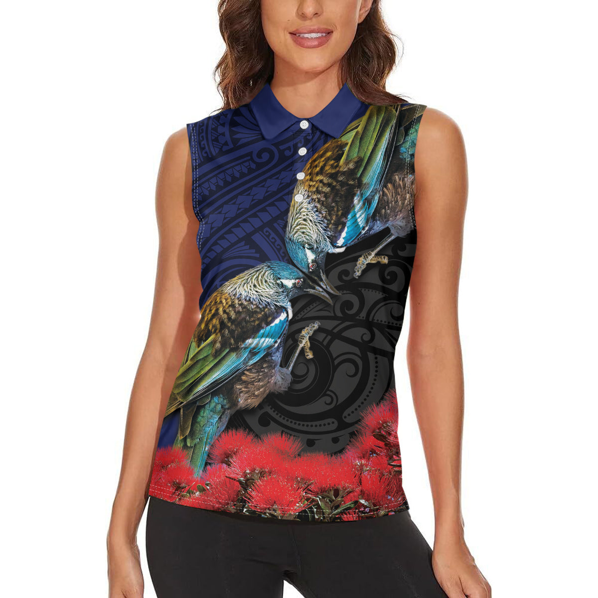 New Zealand Maori Hongi Culture Women Sleeveless Polo Shirt Tui Bird Pohutukawa and Polynesian Pattern LT03 - Polynesian Pride