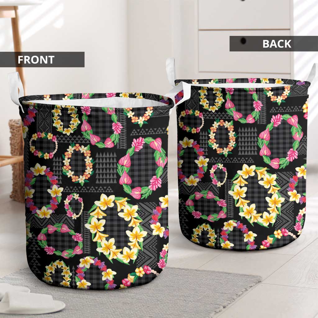 Hawaiian Kakau Tattoo Leis and Palaka Pattern Laundry Basket Traditional Aloha Tribal Black Color