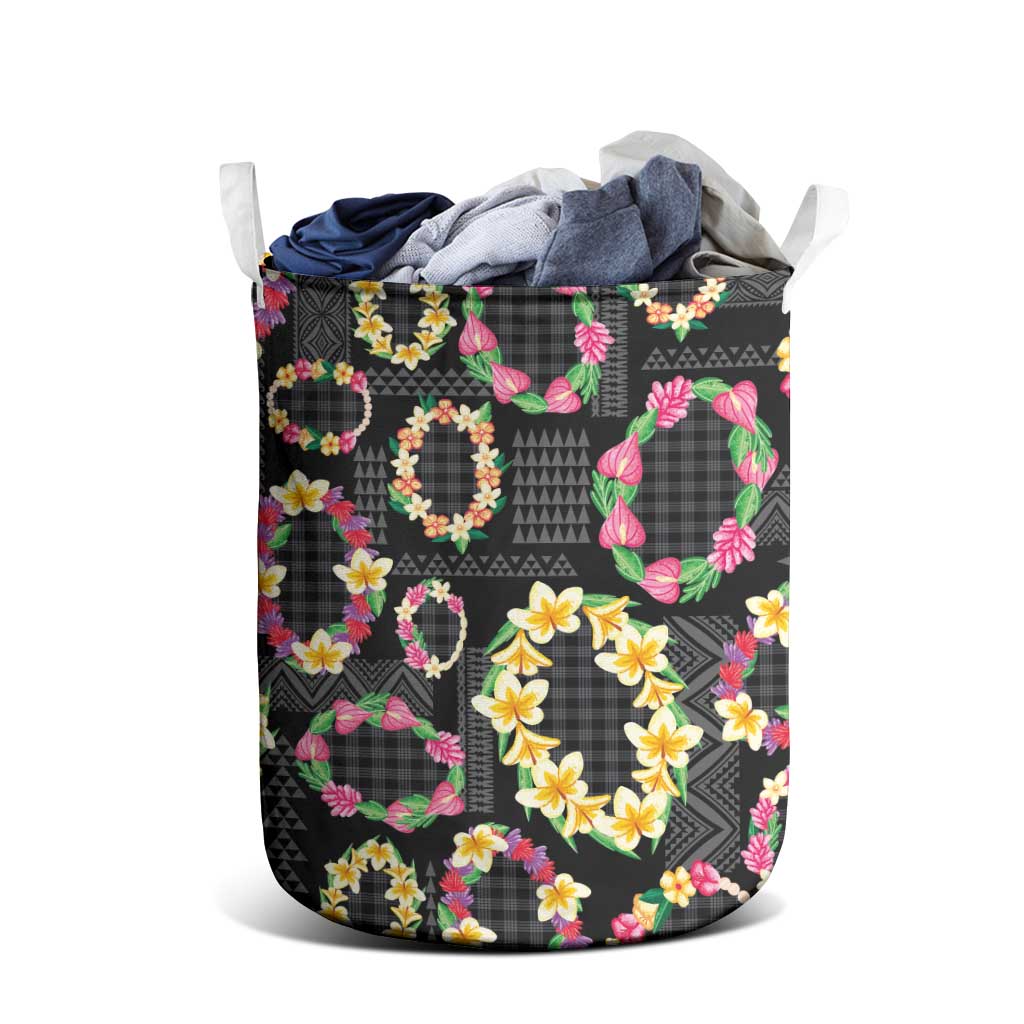 Hawaiian Kakau Tattoo Leis and Palaka Pattern Laundry Basket Traditional Aloha Tribal Black Color