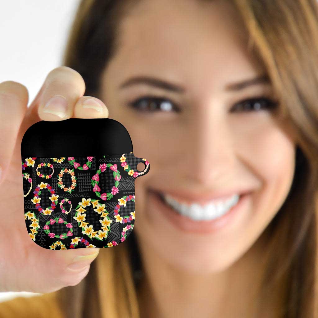 Hawaiian Kakau Tattoo Leis and Palaka Pattern AirPods Case Traditional Aloha Tribal Black Color