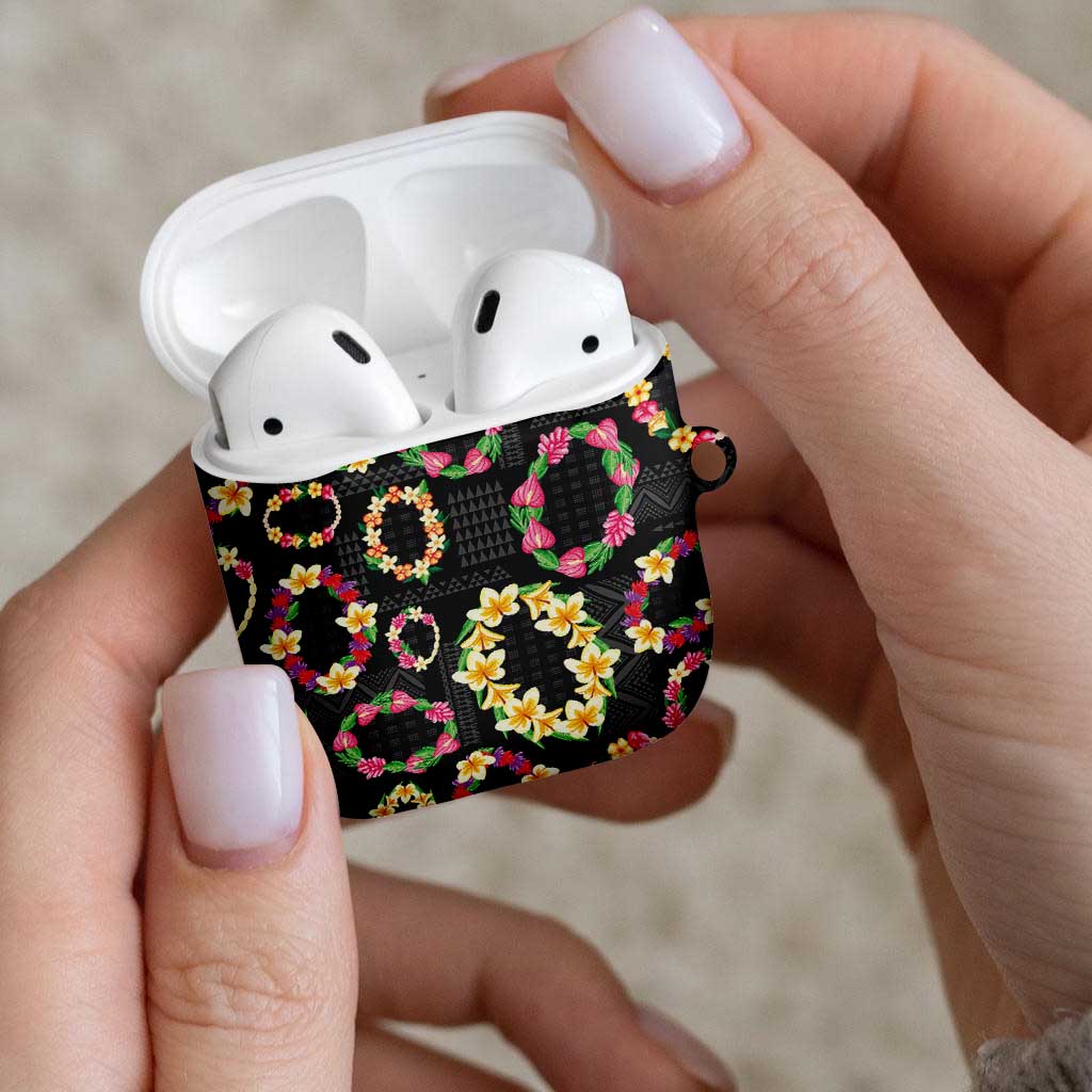 Hawaiian Kakau Tattoo Leis and Palaka Pattern AirPods Case Traditional Aloha Tribal Black Color