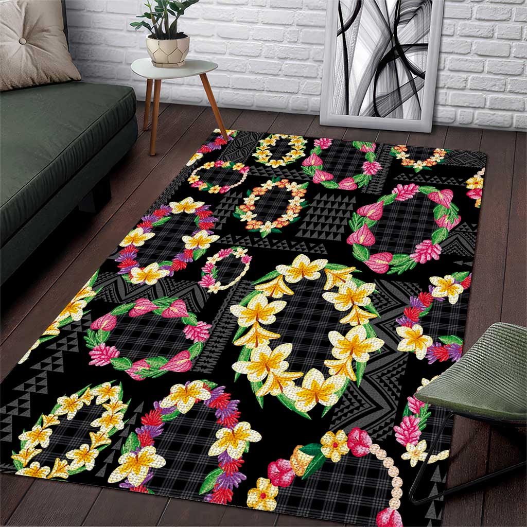 Hawaiian Kakau Tattoo Leis and Palaka Pattern Area Rug Traditional Aloha Tribal Black Color
