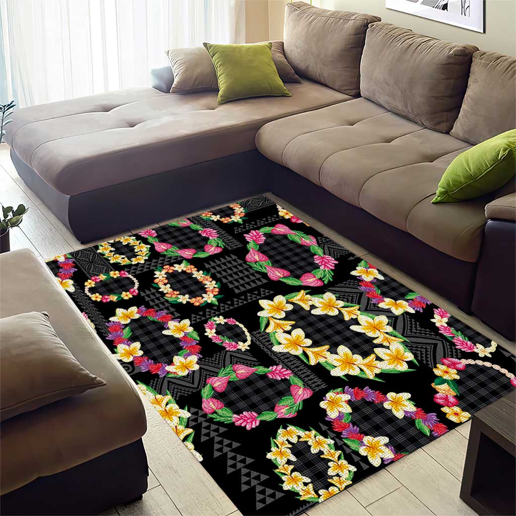 Hawaiian Kakau Tattoo Leis and Palaka Pattern Area Rug Traditional Aloha Tribal Black Color