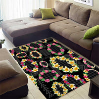 Hawaiian Kakau Tattoo Leis and Palaka Pattern Area Rug Traditional Aloha Tribal Black Color