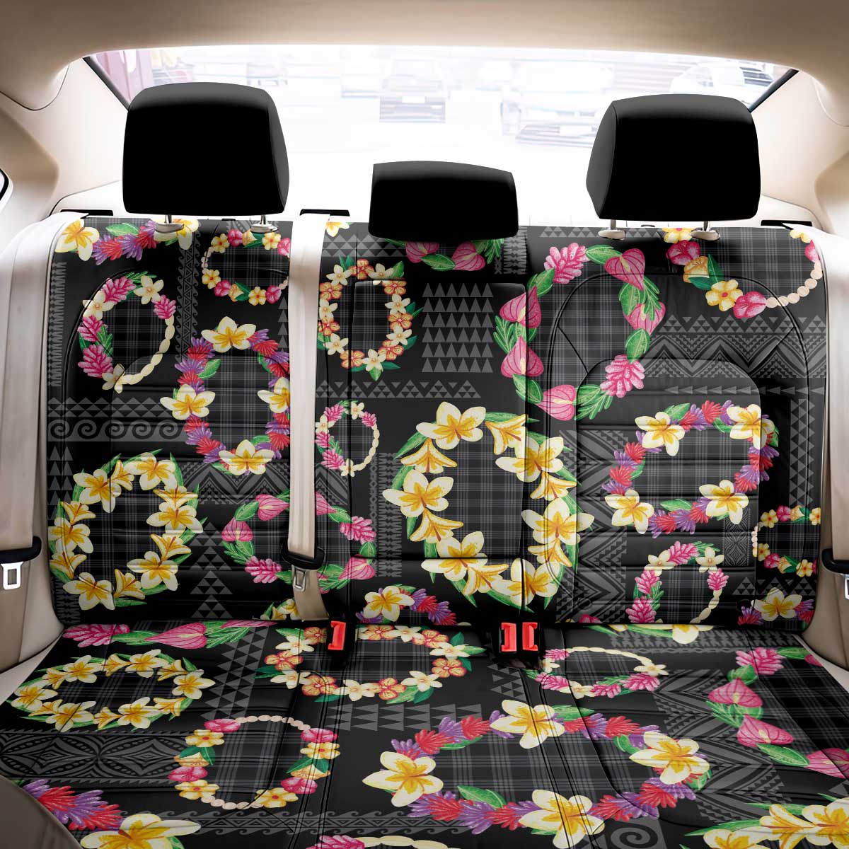 Hawaiian Kakau Tattoo Leis and Palaka Pattern Back Car Seat Cover Traditional Aloha Tribal Black Color LT03 - Polynesian Pride