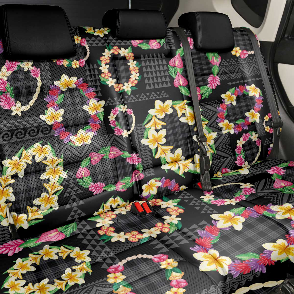 Hawaiian Kakau Tattoo Leis and Palaka Pattern Back Car Seat Cover Traditional Aloha Tribal Black Color LT03 - Polynesian Pride