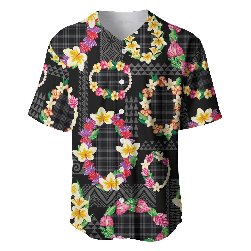 Hawaiian Kakau Tattoo Leis and Palaka Pattern Baseball Jersey Traditional Aloha Tribal Black Color