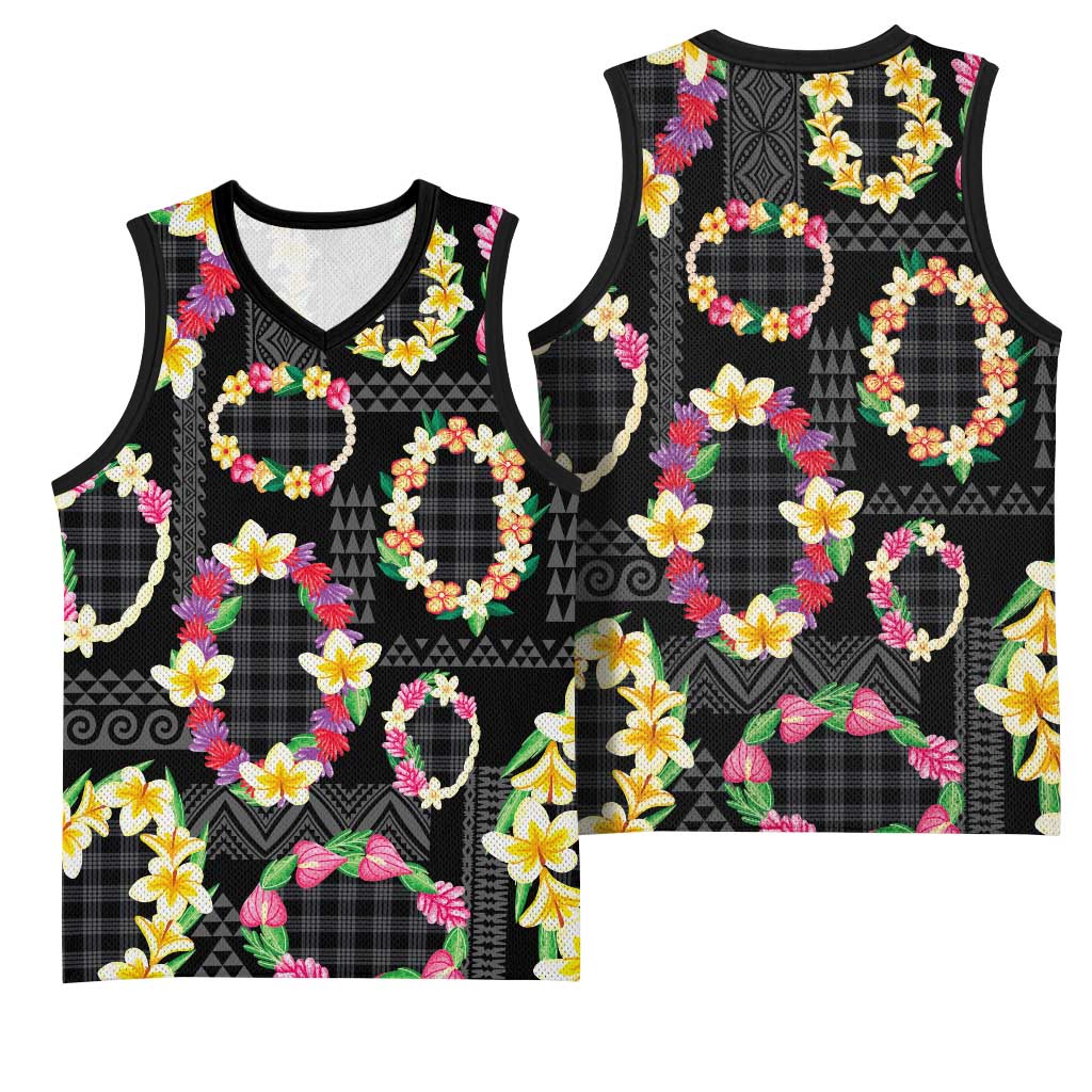 Hawaiian Kakau Tattoo Leis and Palaka Pattern Basketball Jersey Traditional Aloha Tribal Black Color LT03 - Polynesian Pride