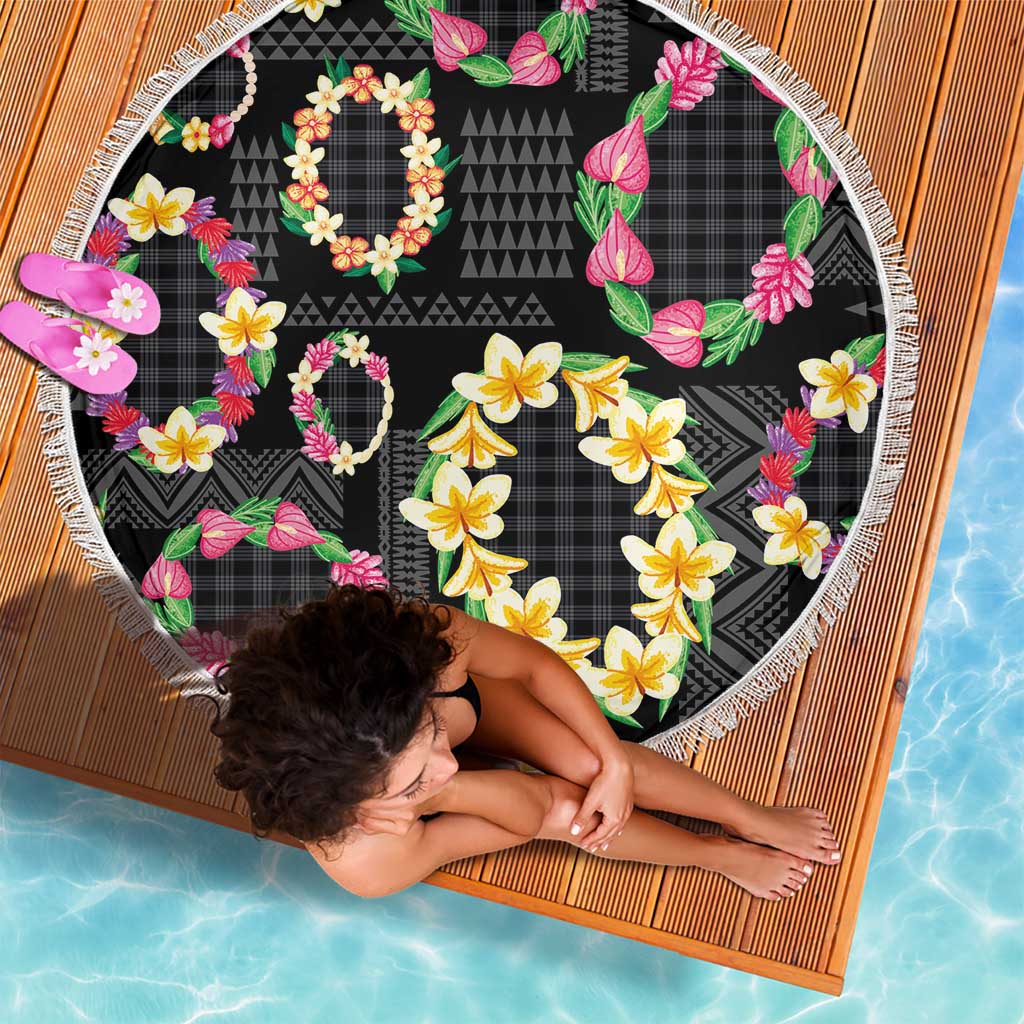 Hawaiian Kakau Tattoo Leis and Palaka Pattern Beach Blanket Traditional Aloha Tribal Black Color