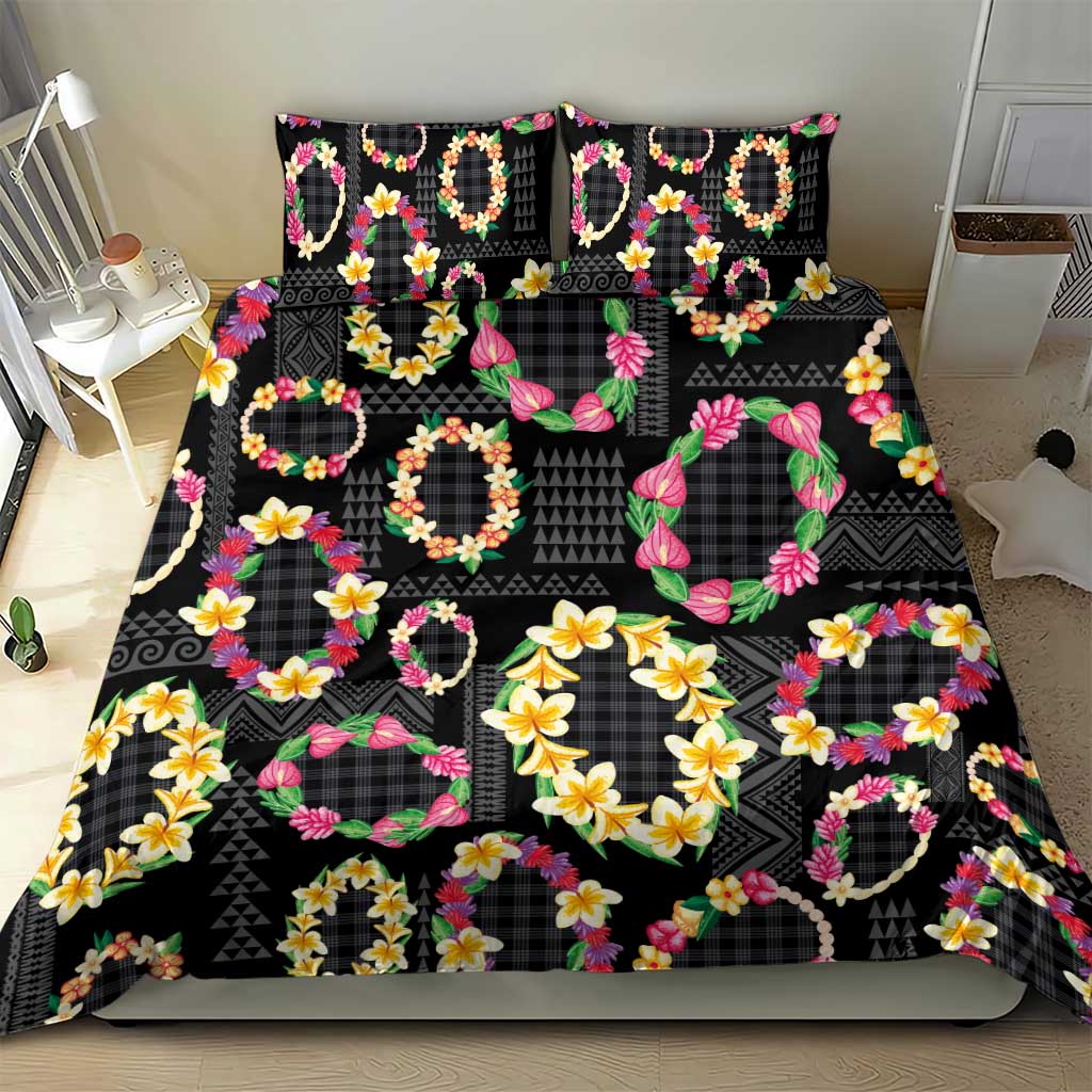 Hawaiian Kakau Tattoo Leis and Palaka Pattern Bedding Set Traditional Aloha Tribal Black Color