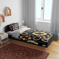 Hawaiian Kakau Tattoo Leis and Palaka Pattern Bedding Set Traditional Aloha Tribal Black Color