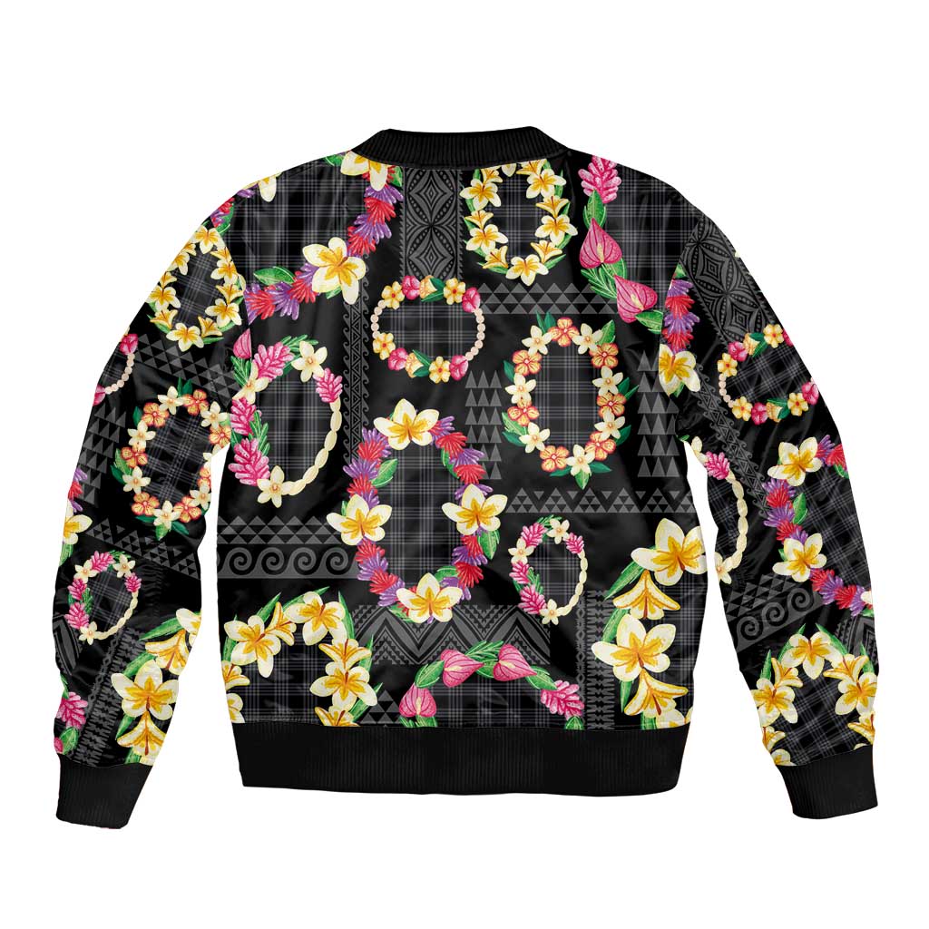 Hawaiian Kakau Tattoo Leis and Palaka Pattern Bomber Jacket Traditional Aloha Tribal Black Color