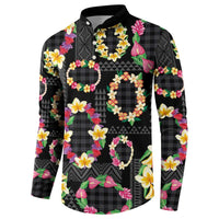 Hawaiian Kakau Tattoo Leis and Palaka Pattern Button Sweatshirt Traditional Aloha Tribal Black Color