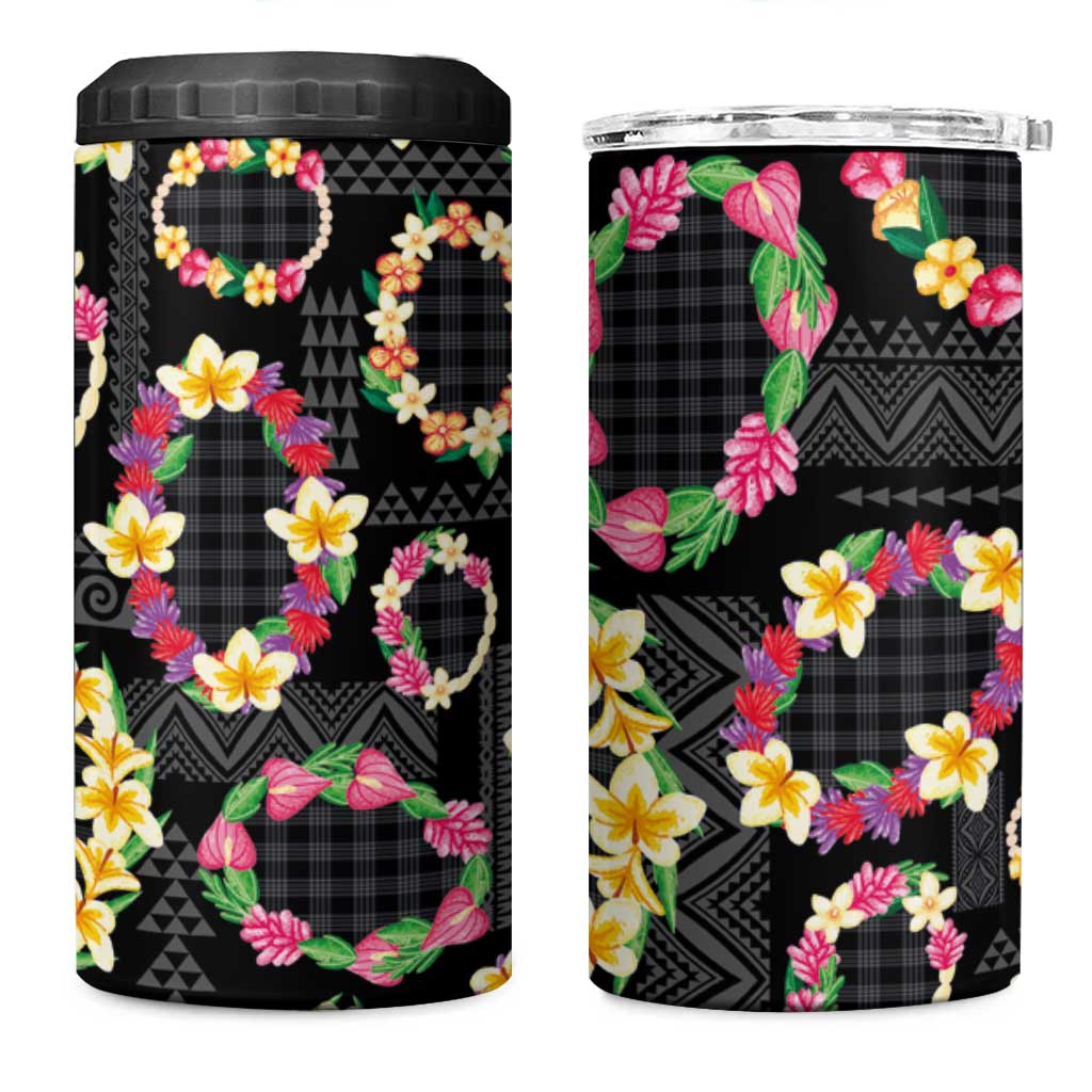 Hawaiian Kakau Tattoo Leis and Palaka Pattern 4 in 1 Can Cooler Tumbler Traditional Aloha Tribal Black Color LT03 One Size: 16 oz Black - Polynesian Pride