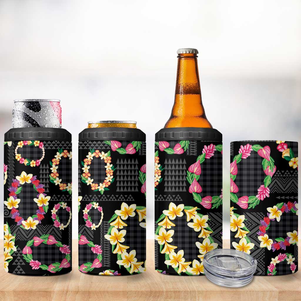 Hawaiian Kakau Tattoo Leis and Palaka Pattern 4 in 1 Can Cooler Tumbler Traditional Aloha Tribal Black Color LT03 - Polynesian Pride