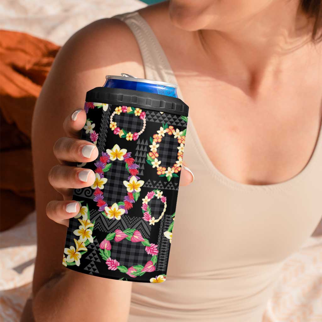 Hawaiian Kakau Tattoo Leis and Palaka Pattern 4 in 1 Can Cooler Tumbler Traditional Aloha Tribal Black Color LT03 - Polynesian Pride