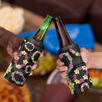 Hawaiian Kakau Tattoo Leis and Palaka Pattern 4 in 1 Can Cooler Tumbler Traditional Aloha Tribal Black Color LT03 - Polynesian Pride