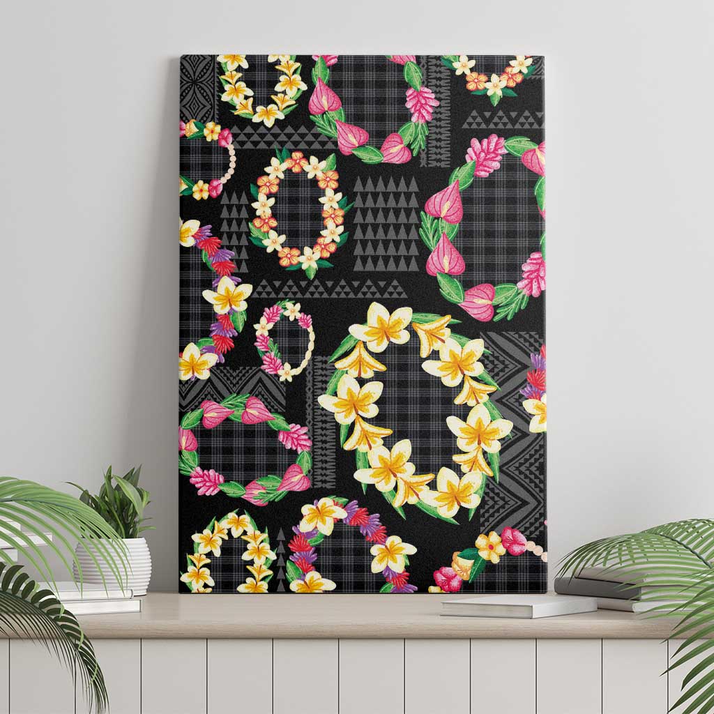 Hawaiian Kakau Tattoo Leis and Palaka Pattern Canvas Wall Art Traditional Aloha Tribal Black Color