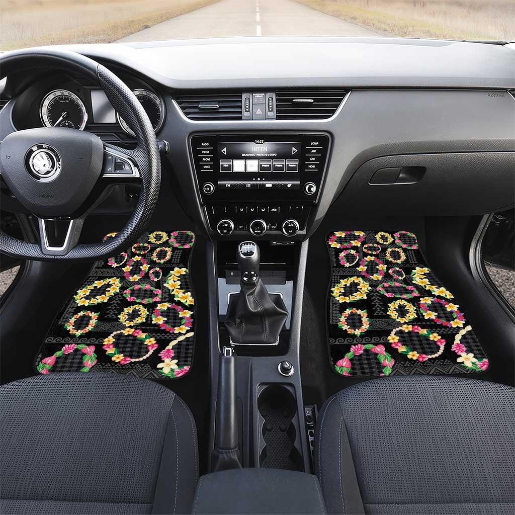 Hawaiian Kakau Tattoo Leis and Palaka Pattern Car Mats Traditional Aloha Tribal Black Color