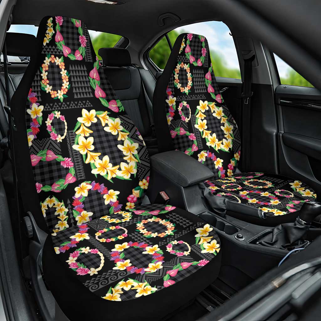 Hawaiian Kakau Tattoo Leis and Palaka Pattern Car Seat Cover Traditional Aloha Tribal Black Color