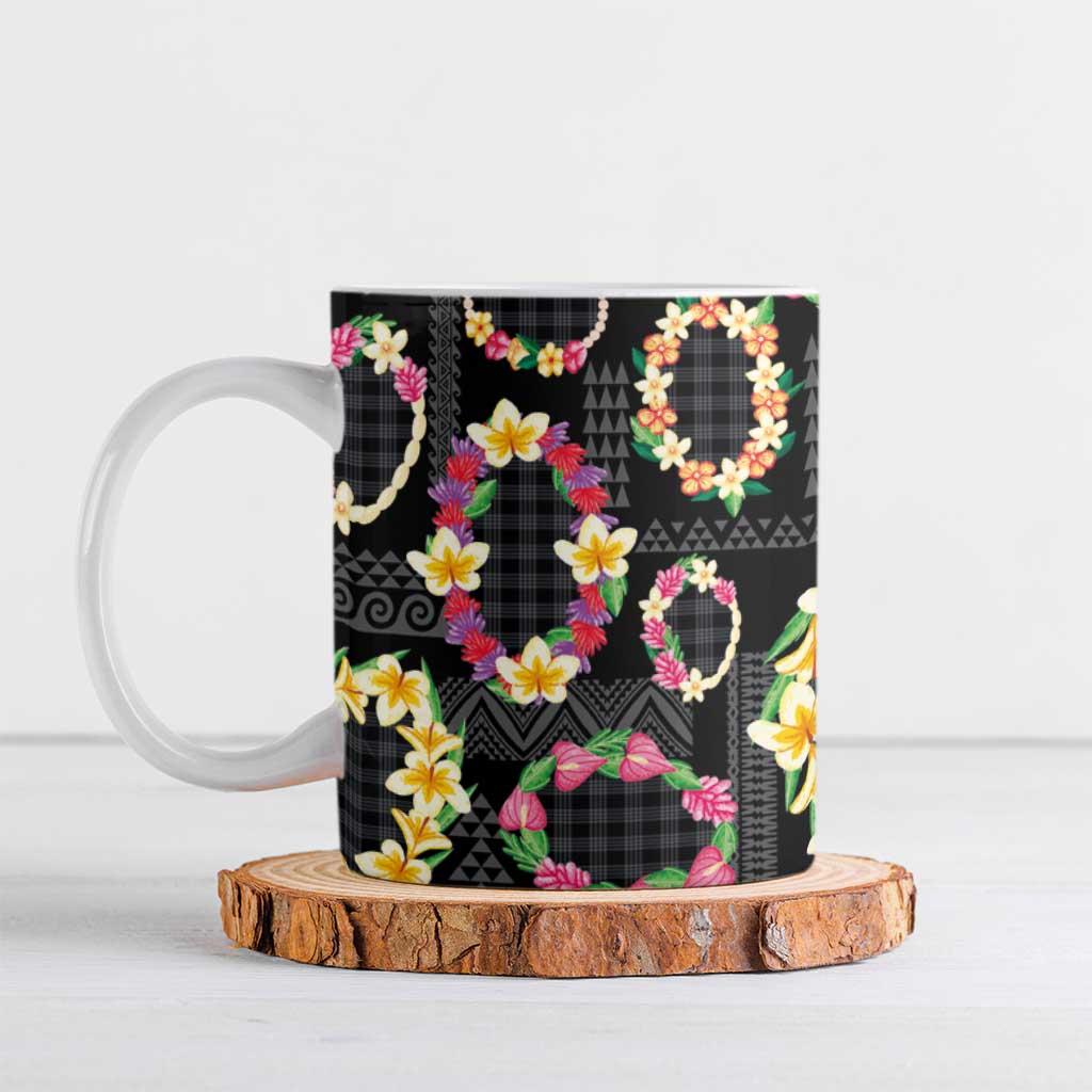 Hawaiian Kakau Tattoo Leis and Palaka Pattern Ceramic Mug Traditional Aloha Tribal Black Color