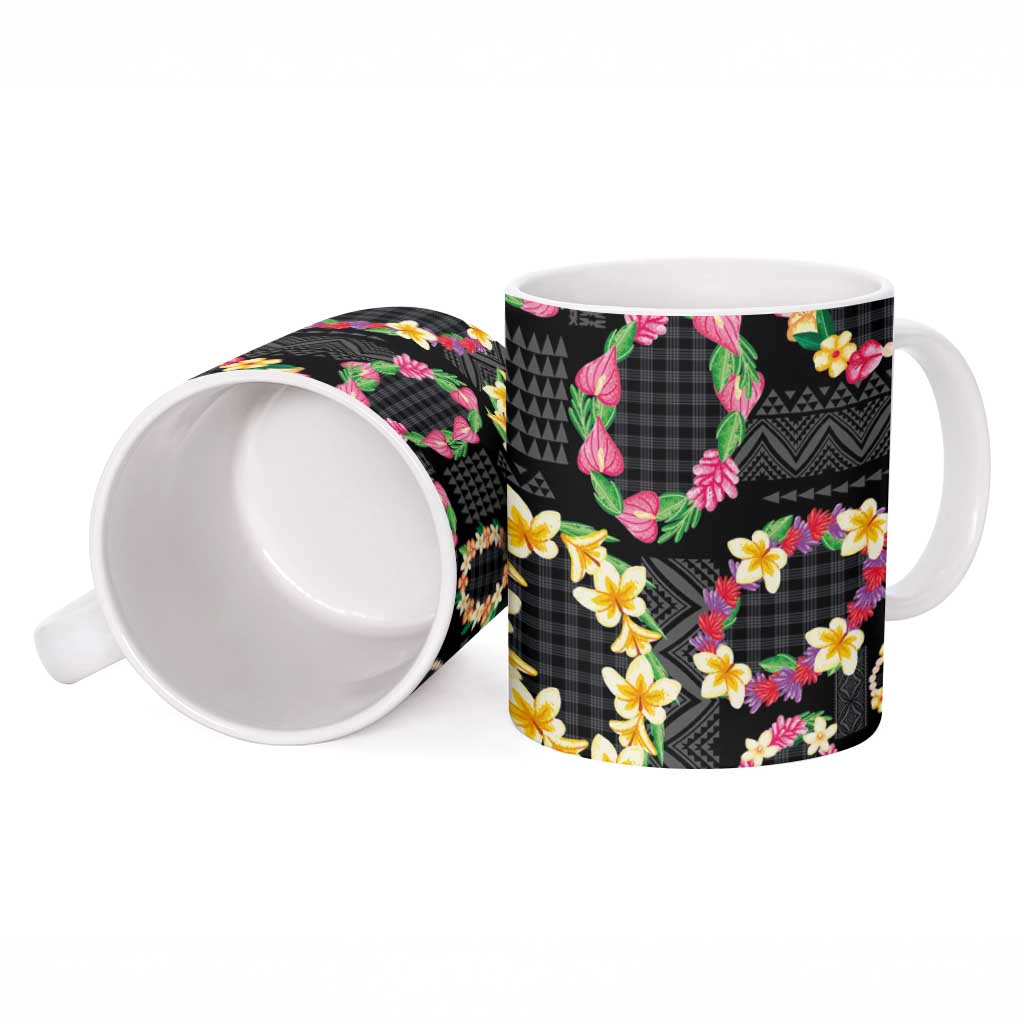 Hawaiian Kakau Tattoo Leis and Palaka Pattern Ceramic Mug Traditional Aloha Tribal Black Color