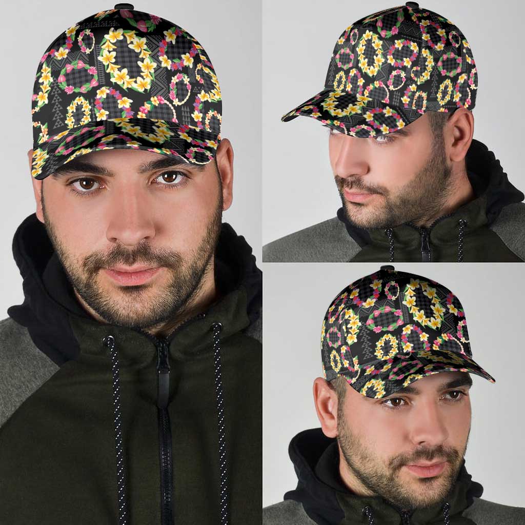 Hawaiian Kakau Tattoo Leis and Palaka Pattern Classic Cap Traditional Aloha Tribal Black Color