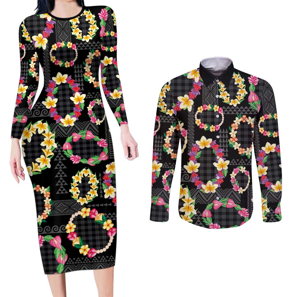 Hawaiian Kakau Tattoo Leis and Palaka Pattern Couples Matching Long Sleeve Bodycon Dress and Long Sleeve Button Shirt Traditional Aloha Tribal Black Color LT03 Black - Polynesian Pride