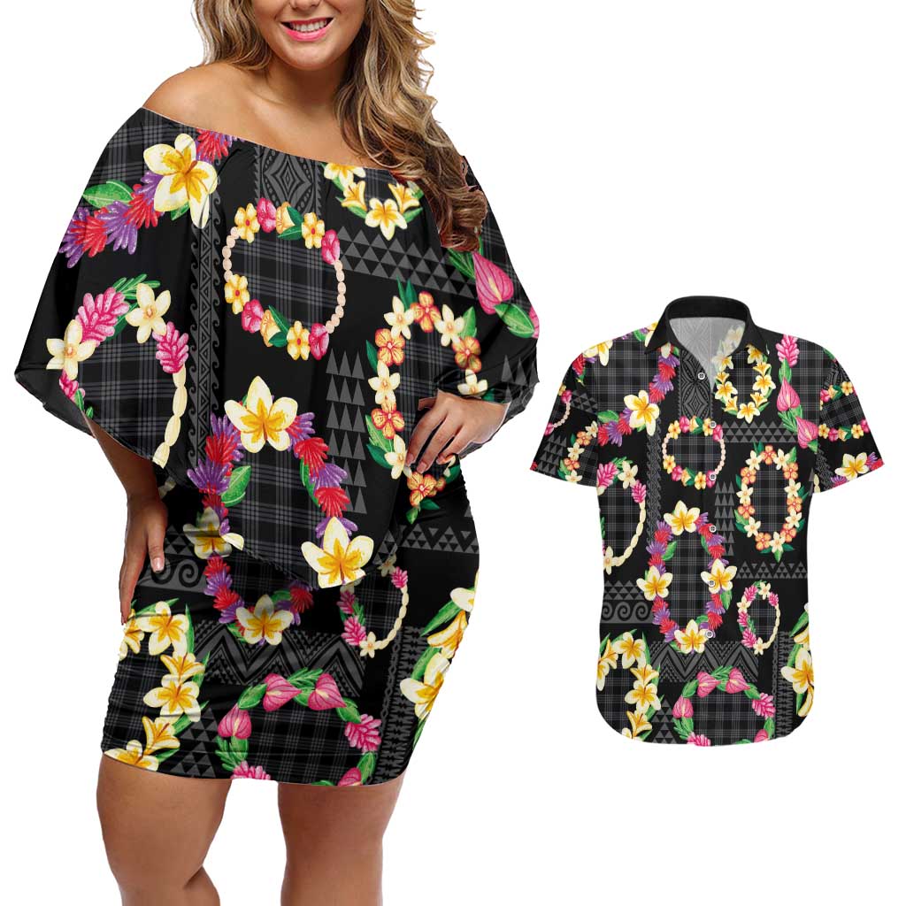 Hawaiian Kakau Tattoo Leis and Palaka Pattern Couples Matching Off Shoulder Short Dress and Hawaiian Shirt Traditional Aloha Tribal Black Color LT03 Black - Polynesian Pride